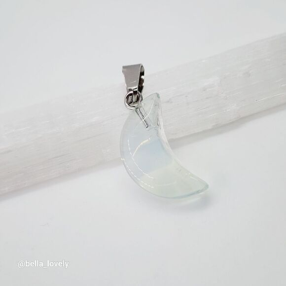 Petite Opal Opalite Moon Crescent Moon Shaped Pendant with Silver Toned Bail - Picture 1 of 4